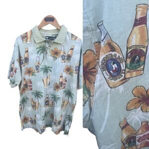 Big Dogs 90s Polo Shirt Mens LARGE Green Golf Beer Bottles Floral Hawaiian Style